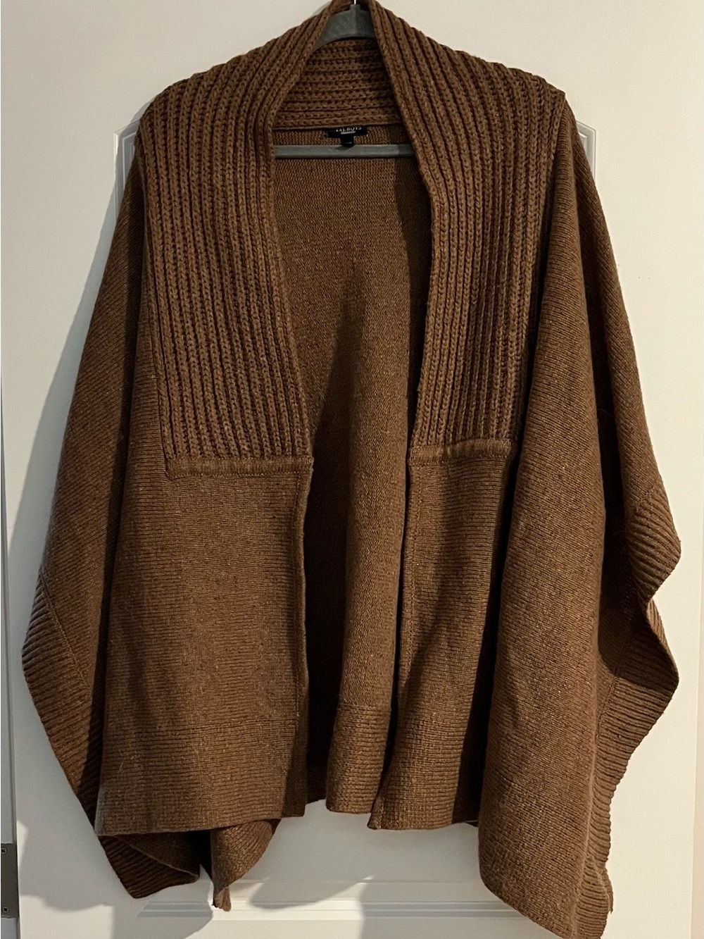 Talbots Brown Knit Open Front Poncho Wool Blend Wrap Sweater Shawl Collar One Sz